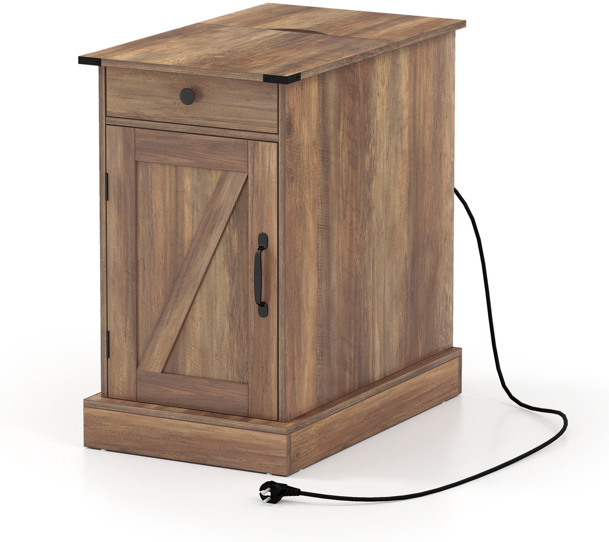 COSTWAY Bijzettafel, nachtkastje met oplaadstation, kleine tafel met opklapbaar tafelblad, lade, afneembaar dienblad en kast, salontafel met verstelbare legplank voor de woonkamer (Bruin)