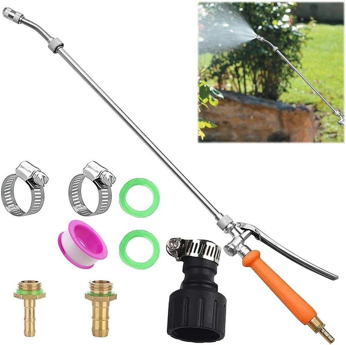 Vervangbare 72 cm metalen tuinsproeistang met universele messing aansluiting 3/8" en 3/4", ideaal voor tuinonderhoud, autowassen en irrigatie