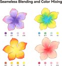 Vier geschilderde bloemen met verschillende kleurenpaletten en bijbehorende Arrtx stiftnummers.