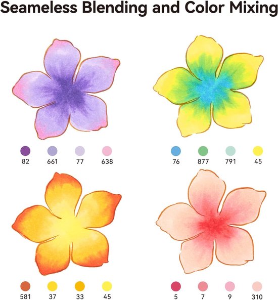 Vier geschilderde bloemen met verschillende kleurenpaletten en bijbehorende Arrtx stiftnummers.
