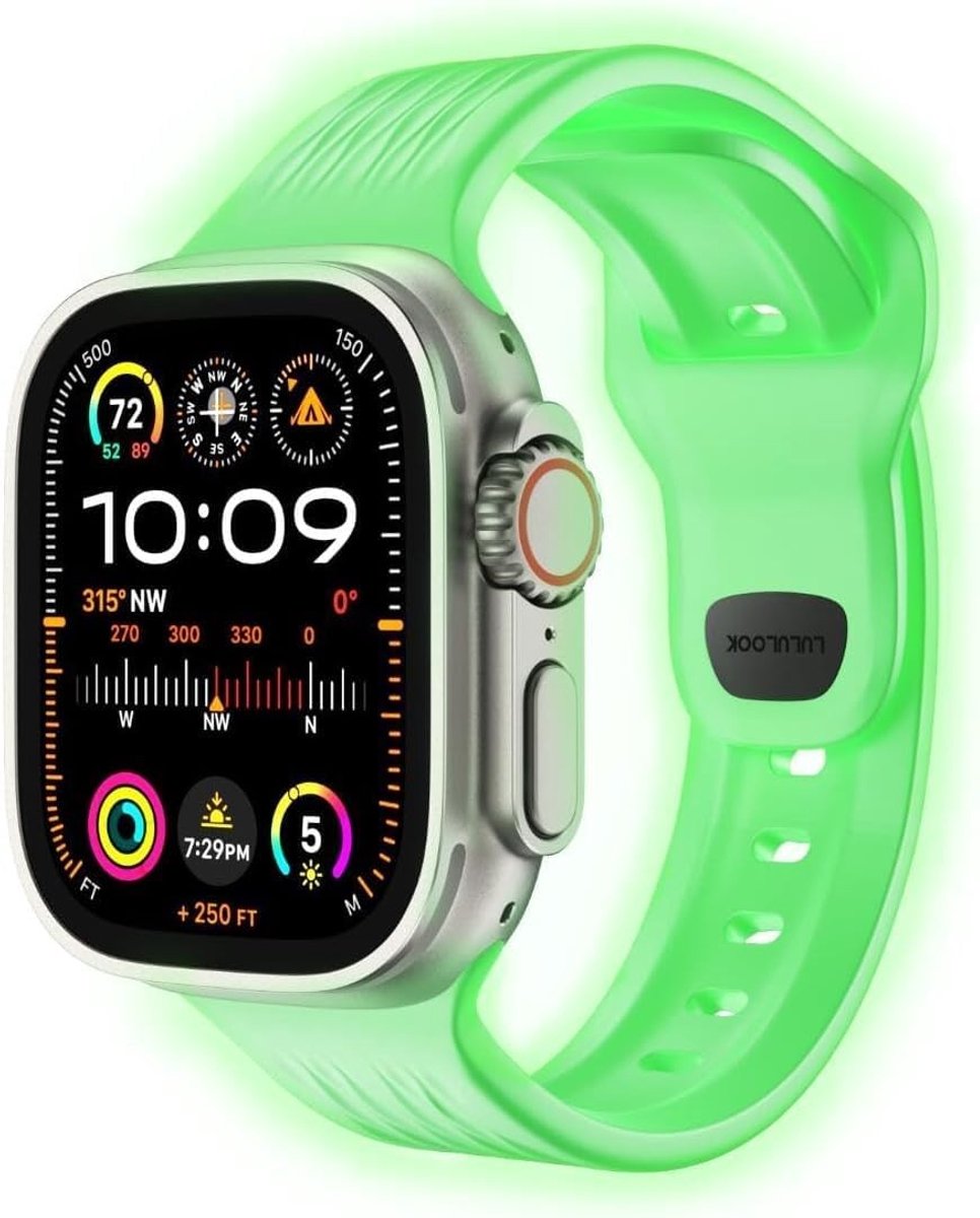 Sportieve Vervangband voor Apple Watch Ultra 2 en Series 9, 8, 7, SE, 6, 5, 4, 3, 2, 1 - 49 mm, 45 mm, 44 mm, 42 mm - Glow FKM (Fluoro Elastome) met Gesp, Comfortabel en Duurzaam
