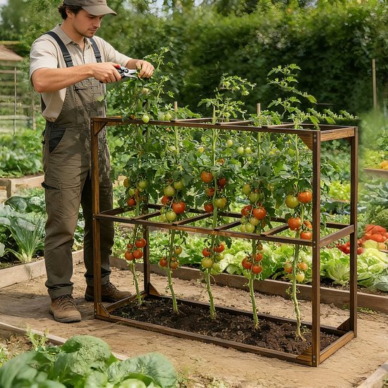 Man snoeit tomatenplanten met rode en groene tomaten in een houten rek met 5 vakken.