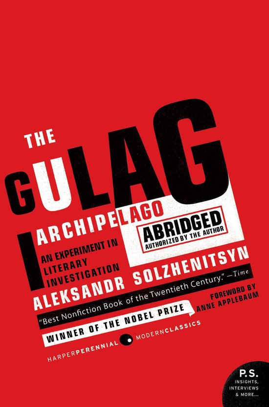 Boekomslag van "The Gulag Archipelago" met een rode achtergrond en zwarte tekst. De titel "GULAG ARCHIPELAGO" is groot weergegeven.