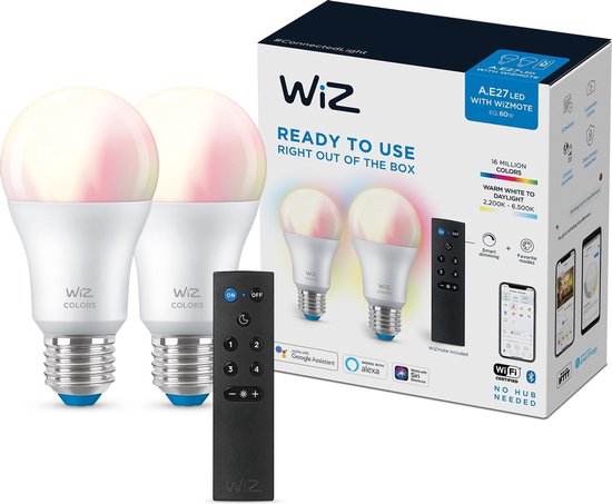WiZ Lamp 2 pack Slimme LED Verlichting - Gekleurd en Wit - E27 - 60W - Mat | bol.com