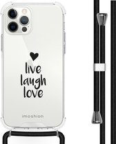 iMoshion Design hoesje met koord voor de iPhone 12, iPhone 12 Pro - Live Laugh Love - Zwart