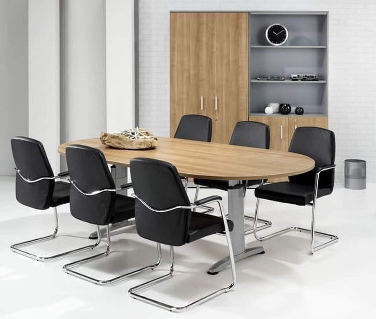 Hoogte verstelbare ovale t-poot vergadertafel Work breed 240CM diep 120CM bladkleur Havanna framekleur Antraciet (Ral 7016)
