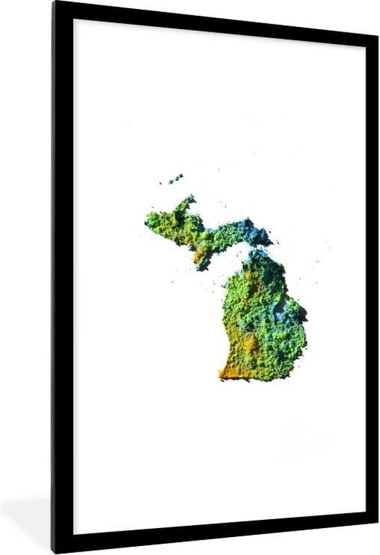 Fotolijst incl. Poster Kaart van Michigan gemaakt van gekleurd poeder