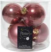 6x Oud roze glazen kerstballen 8 cm - glans en mat - Glans/glanzende - Kerstboomversiering oudroze