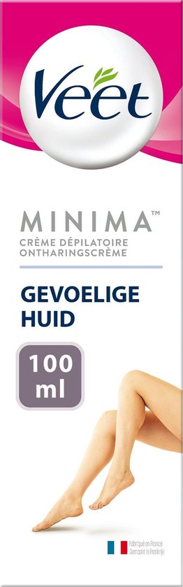 Verpakking van Veet Minima ontharingscrème voor gevoelige huid. Roze en grijs design met Veet logo. Toont benen en tekst '100 ml'.