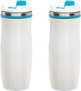 Set van 2x stuks rVS Warmhoudbeker/warm houd beker winter wit/turquoise 400 ml - Isoleerbeker/thermosbekers - Dubbelwandig