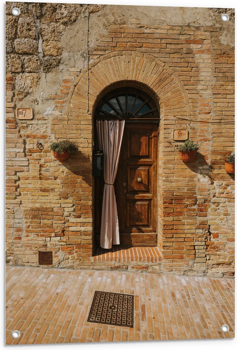 Tuinposter – Voordeur Klein Bruin Huisje - 60x90cm Foto op Tuinposter (wanddecoratie voor