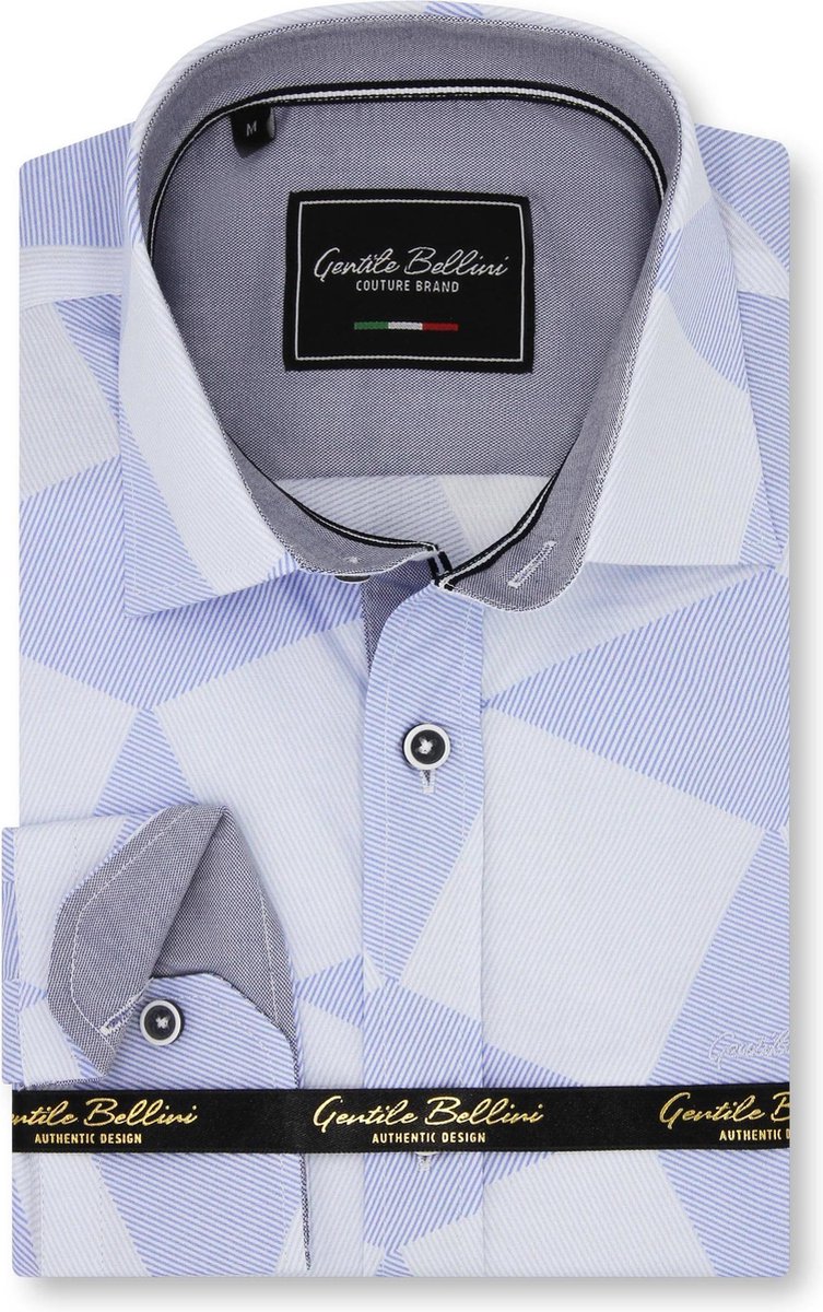 Heren Overhemd - Slim Fit - Diamond Checker Pattern - Blauw - Maat XL