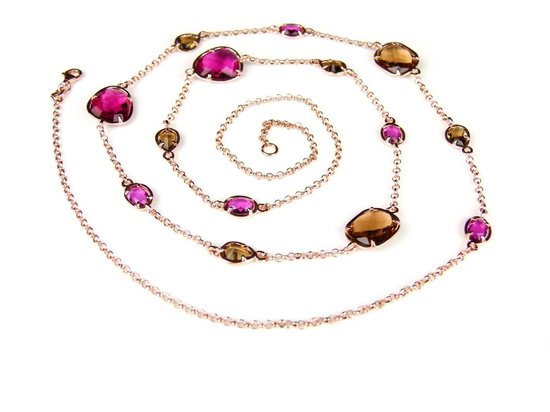 Zilveren halsketting collier halssnoer roze goud verguld Model Multi Forms gezet met rode en bruine stenen
