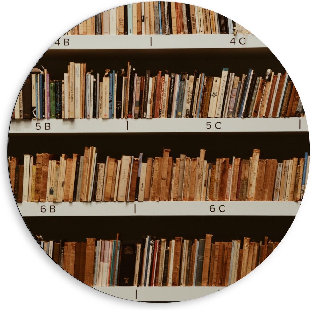 Dibond Wandcirkel - Boekenkast met Vele Boeken - 80x80cm Foto op Aluminium Wandcirkel (met ophangsysteem)