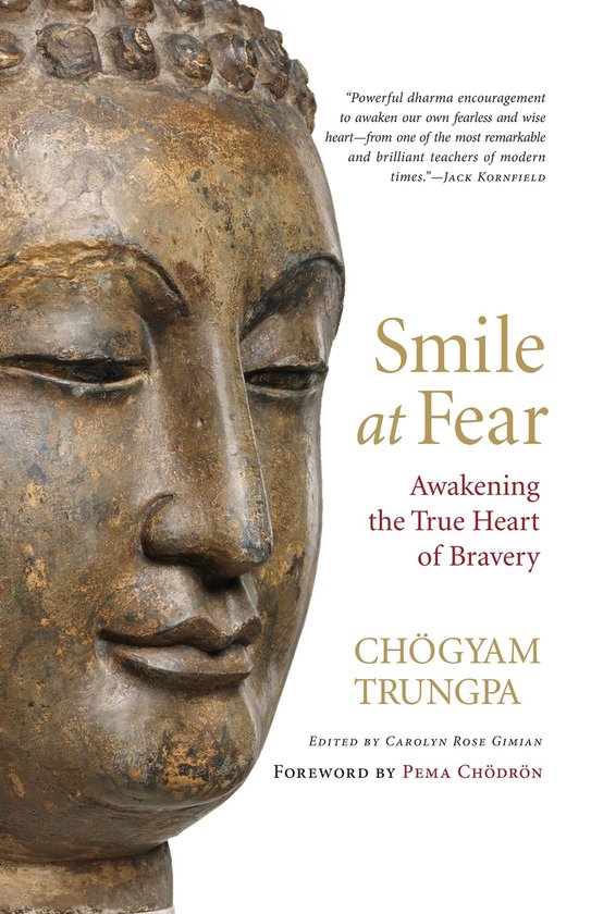 Boek 'Smile at Fear' met een close-up van een Boeddha-beeld en tekst.