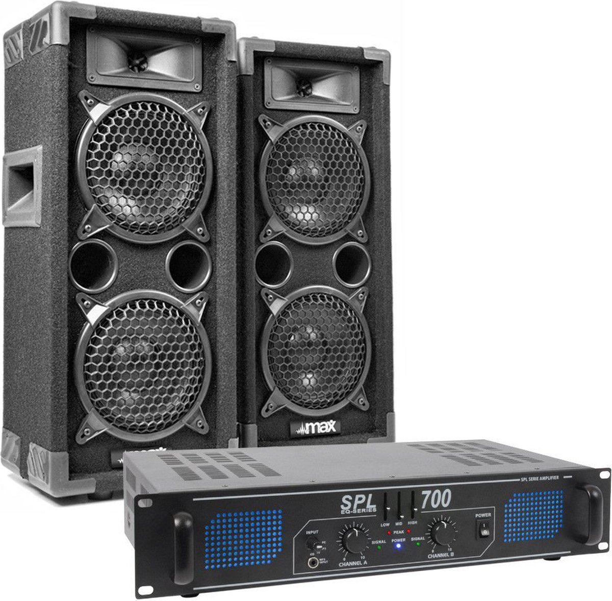 DJ speakers - MAX DJ geluidsinstallatie 700W met twee MAX26 speakers en een SPL700 versterker - MAX