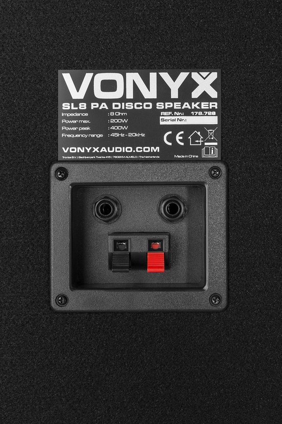 Label met specificaties van Vonyx SL8 PA Disco Speaker, 400W.