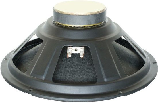Zwart luidsprekerchassis met een brede, zwarte metalen rand. Witte dop bovenop de magneet.