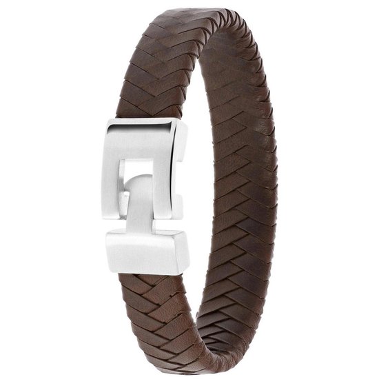 Lucardi Heren Armband met donker bruin leer - Leer - Armband - Cadeau - Vaderdag - 21 cm - Zilverkleurig