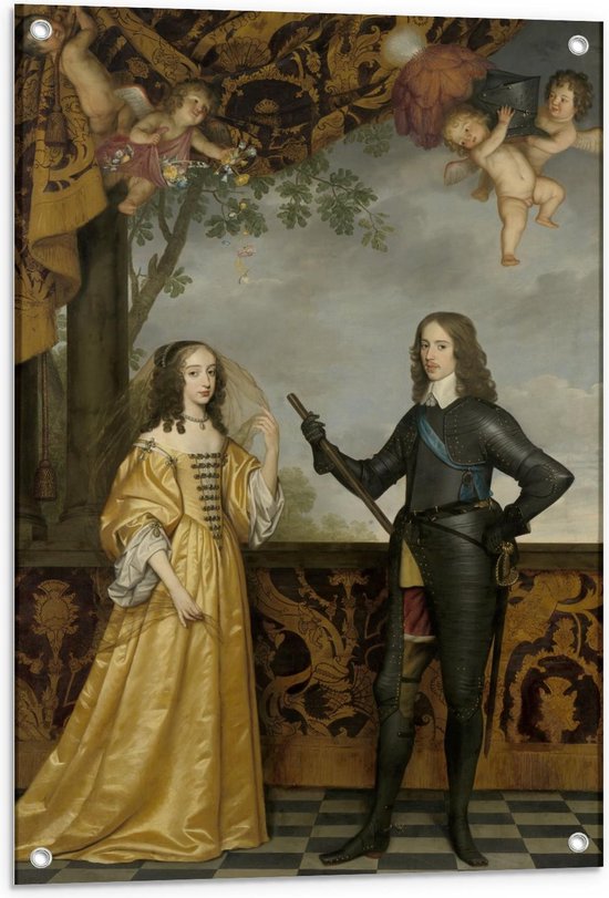 Tuinposter – Oude meesters - Portret Willem II & echtgenote, Gerard van Honthorst - 60x90cm Foto op Tuinposter  (wanddecoratie voor buiten en binnen)