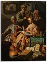 Dibond - Oude meesters - Musicerend gezelschap, Rembrandt van Rijn, 1626 - 30x40cm Foto op Aluminium (Met Ophangsysteem)