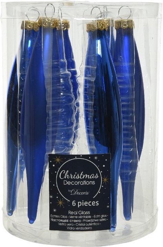 6x Kobalt blauwe glazen pegels kerstballen 15 cm Glans/mat