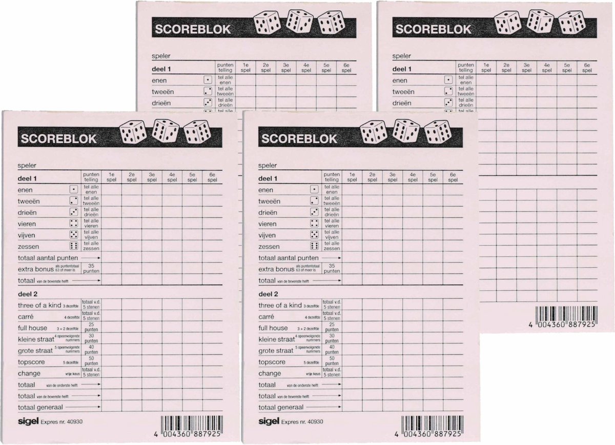 4x Scoreblokken Yahtzee 100 vellen - Familiespellen - Dobbelspellen - Dobbelspel - Scoreblokken/scorekaarten - Score notitieblok