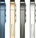 Zijaanzicht van vier iPhones: blauw, goud, grafiet en zilver.