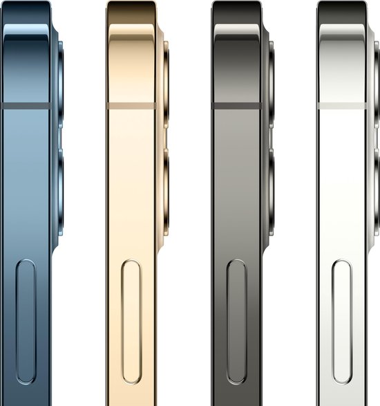 Zijaanzicht van vier iPhones: blauw, goud, grafiet en zilver.