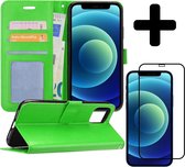 Hoes voor iPhone 12 Mini Hoesje Book Case Met Screenprotector Full Cover 3D Tempered Glass - Hoes voor iPhone 12 Mini Hoes Wallet Cover Met 3D Screenprotector - Groen