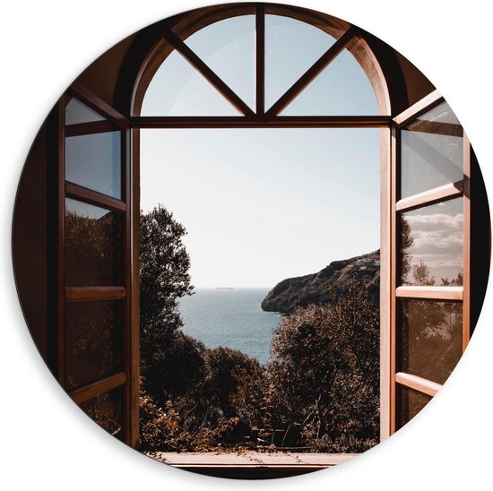Cercle Mural Dibond - Fenêtre avec Belle Vue Montagnes et Mer - Photo 80x80cm sur Cercle Mural Aluminium (avec système de suspension)