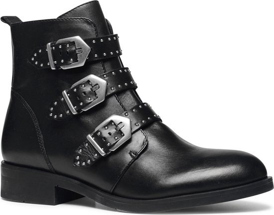 Manfield - Dames - Zwarte buckle boots met kleine studs - Maat 38 | bol.com