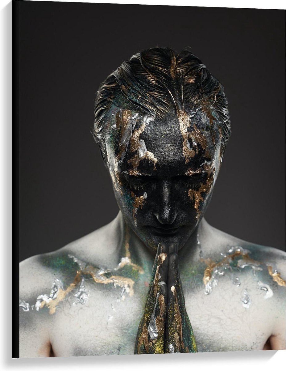 Canvas - Biddende Man van Glitter - 75x100cm Foto op Canvas Schilderij (Wanddecoratie op Canvas)