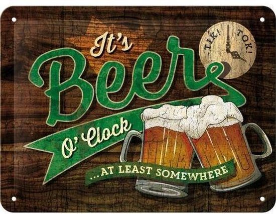 Tick Tock Beer o' Clock - Metalen wandbord in reliëf 15x20 cm