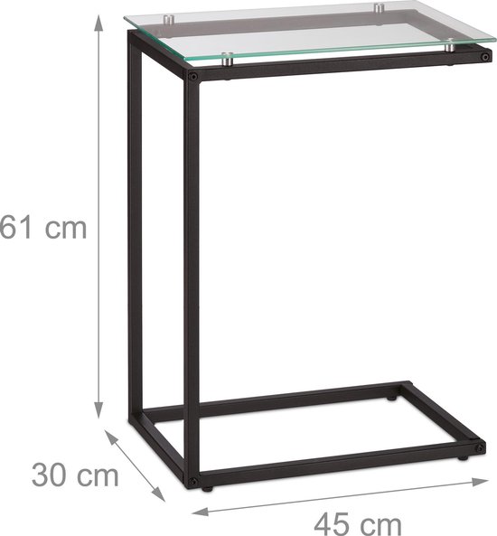 Glazen bijzettafel C-vorm, in hoogte verstelbaar, metalen basis Glazen bijzettafel C-vorm, in hoogte verstelbaar, metalen basis