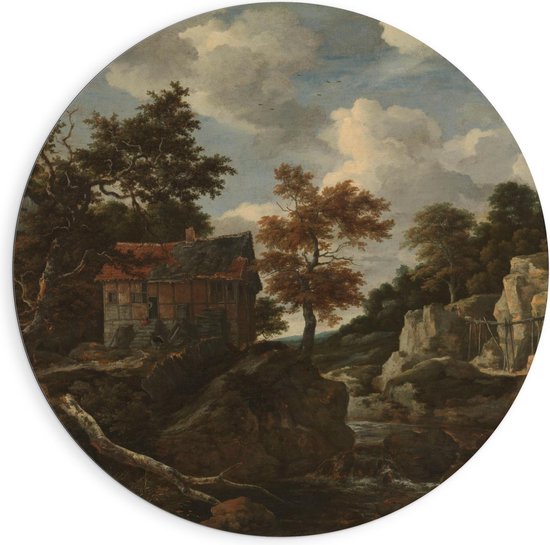 Dibond Wandcirkel - Oude Meesters - Rotsachtig landschap, Jacob Isaacksz van Ruisdael - 90x90cm Foto op Aluminium Wandcirkel (met ophangsysteem)