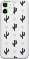 iPhone 12 mini hoesje siliconen - Cactus hartjes - Soft Case Telefoonhoesje - Planten - Transparant, Zwart