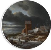 Forex Wandcirkel - Oude Meesters - Winterlandschap, Jacob Isaacksz van Ruisdael, 1665 - 20x20cm Foto op Wandcirkel (met ophangsysteem)