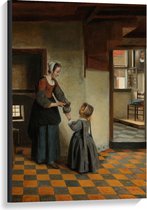 Canvas  - Oude meesters - Een vrouw met kind in een kelderkamer, Pieter de Hooch - 60x90cm Foto op Canvas Schilderij (Wanddecoratie op Canvas)