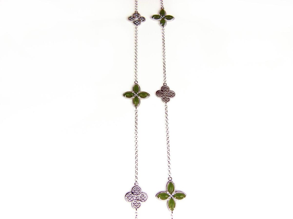 Lange zilveren collier halssnoer Model Refined Repitition gezet met kaki stenen
