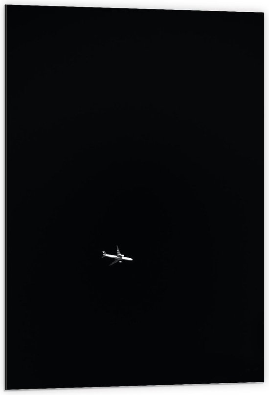 Dibond - Wit Vliegtuig op Zwarte Achtergrond - 60x90cm Foto op Aluminium (Wanddecoratie van metaal)