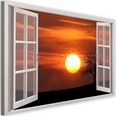 Schilderij zonsondergang door open raam, 2 maten, oranje/wit