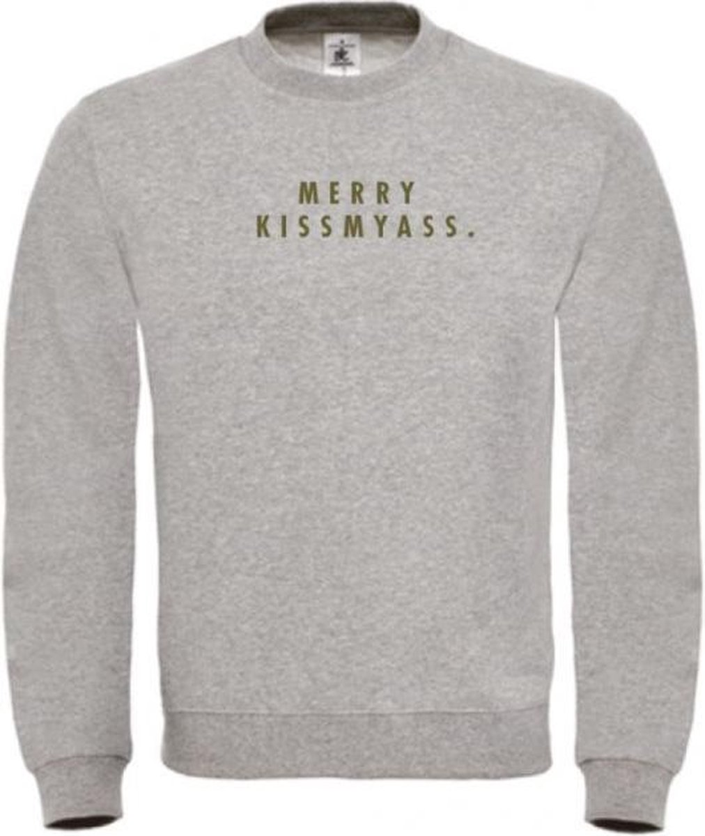 Foute kersttruigrijs XXL - Merry Kissmyass - olijfgroen - soBAD. | Kersttrui soBAD. | kerstsweaters volwassenen | kerst hoodie volwassenen | Kerst outfit | Foute kerst truien