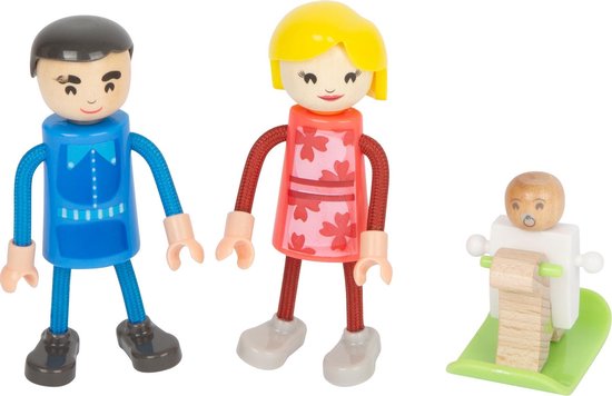 Houten poppenhuisfiguren: een man in blauw, een vrouw in rood jurkje en een baby op een wipstoeltje.