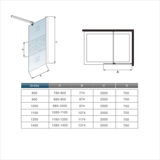 vrijstaande inloopdouche 140x200cm,douchescherm,8mm gezandstraald ...