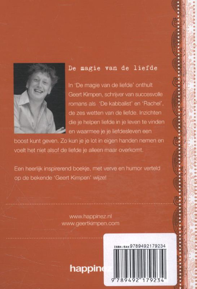 De achterkant van het boek 'De magie van de liefde' met een foto van Geert Kimpen en tekst.