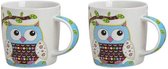Set van 4x stuks uilen print drink mokken/bekers blauw 300 ml