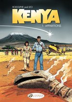 Rodolphe en Leo in Kenya 1. Apparitions. Een koppel in safari-kledij, een skelet en een vliegtuig in een woestijnlandschap met bergen.
