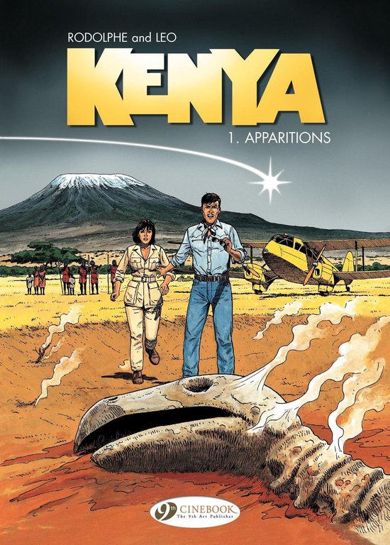 Rodolphe en Leo in Kenya 1. Apparitions. Een koppel in safari-kledij, een skelet en een vliegtuig in een woestijnlandschap met bergen.