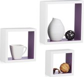 Relaxdays wandplank vierkant set van 3 - boekenplank - wandboard - MDF - zwevend - hout - Wit-Violet